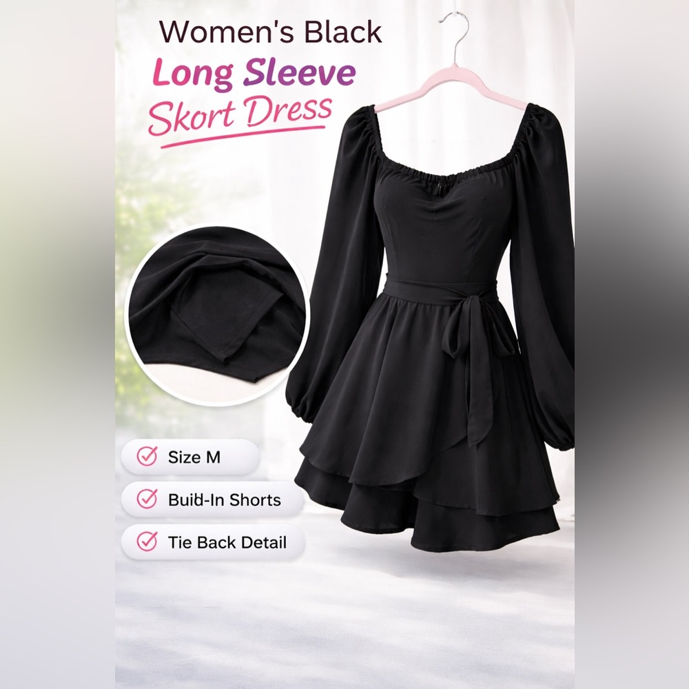 Women's Black Long‎ Sleeve Skort Dress Size M Sweetheart Neck Tie Back Romper